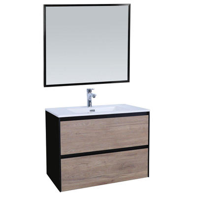 Adema Industrial Meuble salle de bains 80x45.5x58cm avec trop-plein et miroir cadre aluminium noir bois/noir