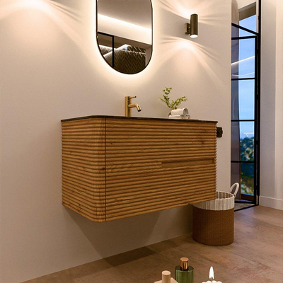 Mondiaz CIRO-DLUX Badkamermeubelset - 90x45x50cm - Solid surface wastafel Lava - 1 wasbak Midden - 1 kraangat - 2 lades - Oak