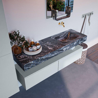 Mondiaz ALAN-DLUX Ensemble de meuble - 150cm - meuble Clay mat - 2 tiroirs - Lavabo Cloud Lava suspendu - vasque Droite - 0 trous de robinet