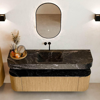 MONDIAZ THOR-DLUX 160cm meuble de salle de bains arrondi gauche + droite couleur Oak avec 1 tiroir et 2 portes. Vasque suspendue CLOUD Centre sans trou de robinet couleur Lava.