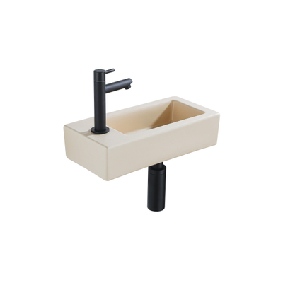 QeramiQ Fuente pack lave-mains – 37,5 x 18,5 x 9 cm – céramique beige – perçage à gauche – robinet noir mat