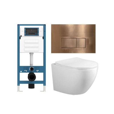 FugaFlow Eccelente Press – Ensemble WC – 56 × 38 × 35 cm – à évacuation profonde – sans bride – réservoir encastré – fermeture amortie (soft-close) – déclipsage rapide (quick release) – abattant WC – plaque de commande métallique en cuivre – boutons recta