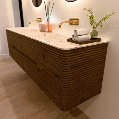 Mondiaz CIRO-DLUX Badkamermeubelset - 180x45x50cm - Solid surface wastafel Nata - 2 wasbak Dubbel - zonder kraangaten - 4 lades - Dusk