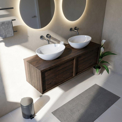 Saniclass Holz Frame Ensemble meuble de salle de bains - 140x45x42cm - plan de travail en bois - sans trou de robinet - 2 tiroirs - chêne charcoal mat (bois)