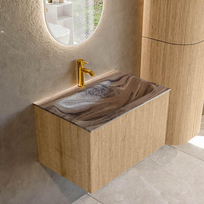MONDIAZ KURVE-DLUX 70cm badmeubel kleur Oak met 1 lade en 0 deuren. Wastafel BIG SMALL Midden 1 kraangat Sombra.
