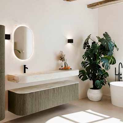 MONDIAZ THOR-DLUX 170cm meuble de salle de bains arrondi gauche + droite couleur Shadow avec 1 tiroir et 2 portes. Vasque suspendue CLOUD gauche 1 trou de robinet couleur Ostra.