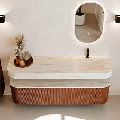 MONDIAZ THOR-DLUX 170cm meuble de salle de bains arrondi gauche + droite couleur Ruby avec 1 tiroir et 2 portes. Vasque suspendue CLOUD Droite 1 trou de robinet couleur Meli.