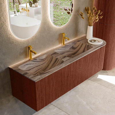 MONDIAZ KURVE-DLUX Meuble de salle de bains 145cm arrondi à droite couleur Ruby avec 1 tiroir et 1 porte. Lavabo LEAF Double / Gauche 2 trous de robinet Sombra.