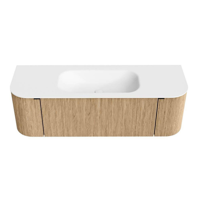 MONDIAZ KURVE 140cm badmeubel met module 25 Len R kleur Oak met 1 lade en 2 deuren. Wastafel BIG SMALL midden 1 kraangat Talc.