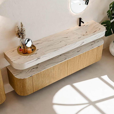 MONDIAZ THOR-DLUX 200cm badmeubel ronding links + rechts kleur Oak met 2 lades en 2 deuren. Vrijhangende wastafel CLOUD Rechts 1 kraangat kleur Nata.