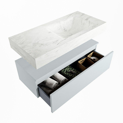 Mondiaz ALAN-DLUX Ensemble de meuble - 100cm - meuble Clay mat - 1 tiroir - Lavabo Cloud Opalo suspendu - vasque Droite - 1 trou de robinet