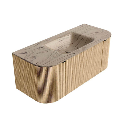 MONDIAZ KURVE-DLUX Meuble de salle de bains 110cm arrondi Gauche + Droite couleur Chêne avec 1 tiroir et 2 portes. Lavabo CLOUD Central sans trou de robinet Arena.