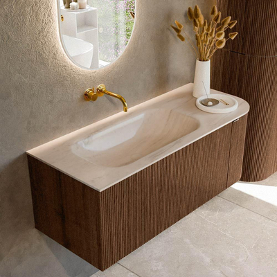 MONDIAZ KURVE-DLUX Meuble de salle de bains 115cm arrondi à droite couleur Walnut avec 1 tiroir et 1 porte. Lavabo BIG SMALL à gauche sans trou de robinet Meli.