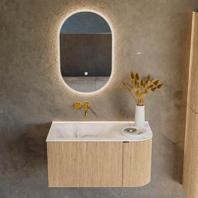MONDIAZ KURVE-DLUX 85cm badmeubel met module 25 R kleur Oak met 1 lade en 1 deur. Wastafel CLOUD links zonder kraangat kleur Frappe.