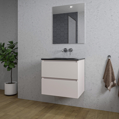 Saniclass Chaci Ensemble meuble de salle de bains - 60x46x55cm - vasque en céramique noire - 1 vasque - sans trou de robinet - 2 tiroirs - miroir rectangulaire - cotton mat (beige)