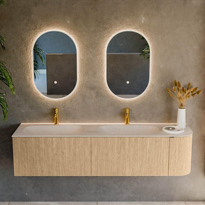 MONDIAZ KURVE-DLUX 175cm badmeubel ronding Rechts kleur Oak met 2 lades en 1 deur. Wastafel STOR SMALL Dubbel / Links 2 kraangaten Meli.
