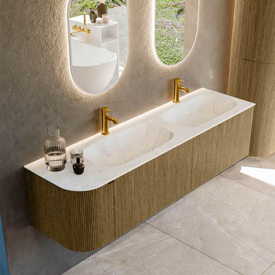 Mondiaz KURVE-DLUX Badkamermeubelset - 165x46x40cm - 2 lade - 1 deur - wastafel solid surface - dubbel / rechts - 2 kraangaten - Dusk