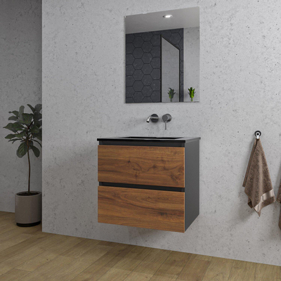 Adema Industrial 2.0 ensemble de meubles de salle de bain 60x45x55cm 1 vasque en céramique noire sans trou de robinetterie miroir rectangulaire bois/noir