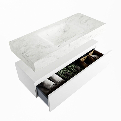 Mondiaz ALAN-DLUX Ensemble de meuble - 110cm - meuble Talc mat - 1 tiroir - Lavabo Cloud Opalo suspendu - vasque Centre - 0 trous de robinet