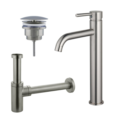 FugaFlow Eccelente Sobrado Kit mitigeur lavabo - robinet rehaussé - bonde nonobturable - siphon design - PVD Inox brossé