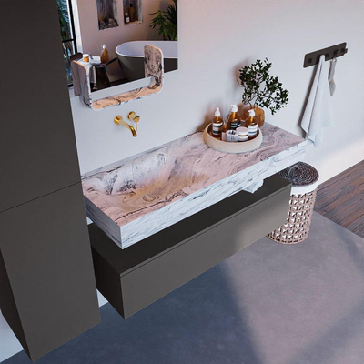 Mondiaz ALAN-DLUX Ensemble de meuble - 120cm - meuble Dark grey mat - 1 tiroir - Lavabo Cloud Glace suspendu - vasque Gauche - 0 trous de robinet