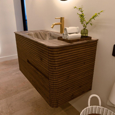 Mondiaz CIRO-DLUX Badkamermeubelset - 90x45x50cm - Solid surface wastafel Sombra - 1 wasbak Midden - 1 kraangat - 2 lades - Dusk