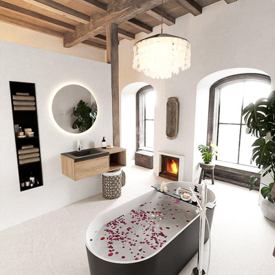 MONDIAZ BUKLA meuble de salle de bain 100cm avec module ouvert 40 couleur Chêne blanchi avec 1 tiroir. Lavabo CLOUD gauche 1 trou de robinet couleur Urbaine.
