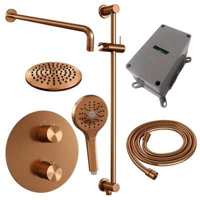 BRAUER Copper Carving thermostatische Inbouw Regendouche - 3-weg - rond - set 93 - 20cm hoofddouche - gebogen muurarm - 3-standen handdouche - doucheslang - geïntegreerde glijstang - koper geborsteld PVD