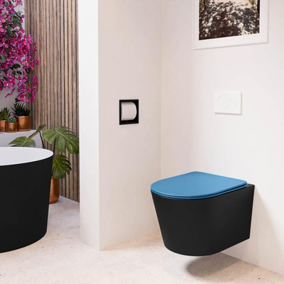 Mondiaz LAVIE hangtoilet – spoelrandloos – 36 x 53 cm – met softclose zitting – Urban (zwart), zitting Jeans (blauw)
