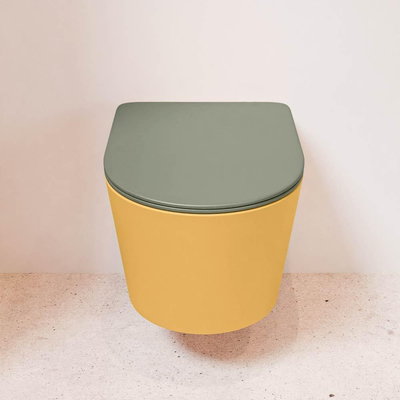 Mondiaz LAVIE hangtoilet – spoelrandloos – 36 x 53 cm – met softclose zitting – Ocher (geel), zitting Army (groen)