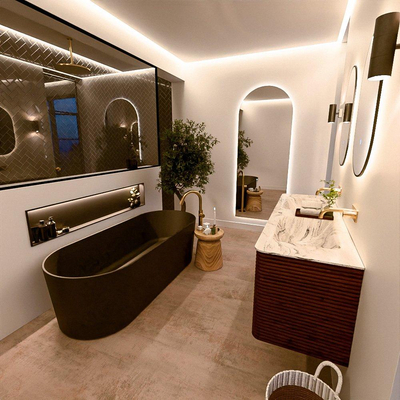 Mondiaz CIRO-DLUX Meuble de salle de bains - 150x45x50cm - plan vasque solid surface Glace - 2 vasques double - sans trous de robinetterie - 4 tiroirs - Ruby