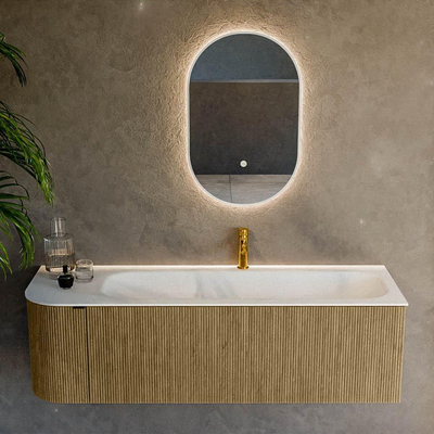 Mondiaz KURVE Ensemble de meuble salle de bain - 145x46x40cm - 1 tiroir - 1 porte - lavabo en solid surface - droite - 1 trou de robinet - Dusk