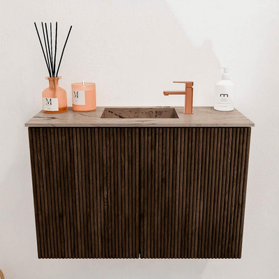 Mondiaz JOYA-DLUX 60cm toiletmeubel - kleur Walnut - Wastafel FAYE positie Midden 1 kraangat kleur Arena.