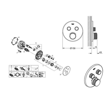 Grohe - Adema Rise Regendoucheset - rond - wandaansluitbocht met handdouchehouder - gladde doucheslang - staafhanddouche - wandarm - 25cm hoofddouche - Grohe SmartControl inbouwthermostaat - brushed cool sunrise