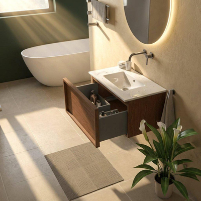 Saniclass Holz Frame Ensemble meuble de salle de bains - 80x45x42cm - Lavabo Vygo en céramique blanc - 1 vasque - sans trou de robinet - 1 tiroir - walnut pure mat (bois)