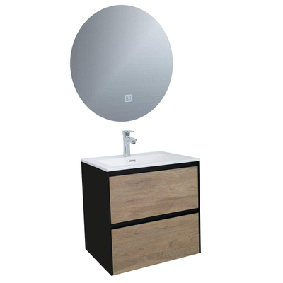 Adema Industrial Set de meuble avec miroir rond 60x45.5x58cm avec trop-plein Bois/Noir