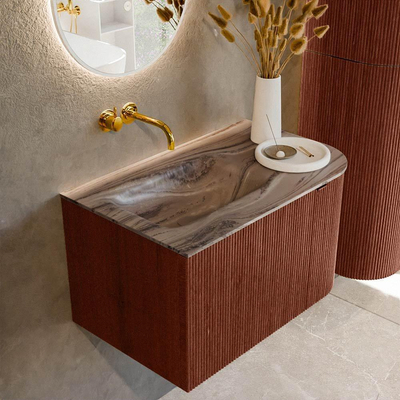 MONDIAZ KURVE-DLUX Meuble de salle de bains 75cm arrondi à droite couleur Ruby avec 1 tiroir et 1 porte. Lavabo GRUNNE à gauche sans trou de robinet Sombra.
