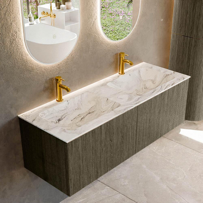 Mondiaz KURVE-DLUX Badkamermeubelset - 130x46x40cm - 2 lade - wastafel solid surface - dubbel - 2 kraangaten - Shadow