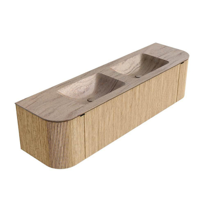 MONDIAZ KURVE-DLUX 170cm meuble de salle de bains arrondi Gauche + Droite couleur Chêne avec 1 tiroir et 2 portes. Lavabo LEAF Double 2 trous de robinet Saba.