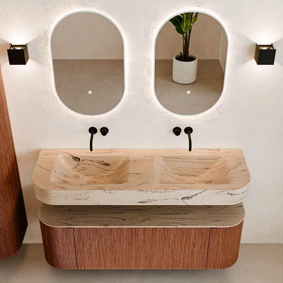 MONDIAZ THOR-DLUX Meuble de salle de bains 140cm arrondi gauche + droite couleur Ruby avec 1 tiroir et 2 portes. Vasque suspendue CLOUD Double sans trou de robinet couleur Arena.