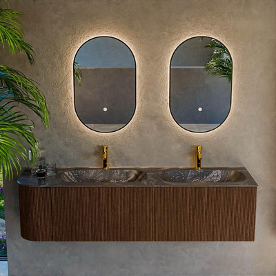 MONDIAZ KURVE-DLUX 165cm badmeubel met module 25 L kleur Walnut met 2 lades en 1 deur. Wastafel STOR SMALL dubbel / rechts 2 kraangaten kleur Lava.