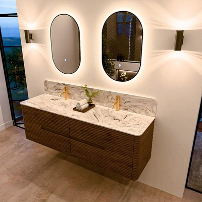 Mondiaz CIRO-DLUX Meuble de salle de bains - 160x45x50cm - Plan vasque en solid surface Glace - 2 vasques Double - 2 trous de robinetterie - 4 tiroirs - Dusk