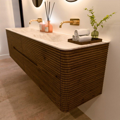 Mondiaz CIRO-DLUX Meuble de salle de bains set - 180x45x50cm - lavabo solid surface Frappe - 2 vasques double - sans trous de robinet - 4 tiroirs - Dusk