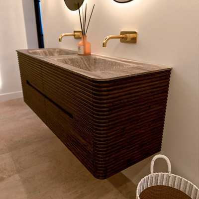 Mondiaz CIRO-DLUX Ensemble de meubles de salle de bains - 140x45x50cm - plan vasque solid surface Oza - 2 vasques Double - sans trous de robinet - 4 tiroirs - Noyer