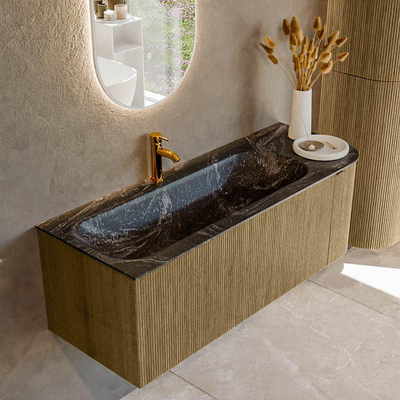 Mondiaz KURVE-DLUX Badkamermeubelset - 125x46x40cm - 1 lade - 1 deur - wastafel solid surface - links - 1 kraangat - Dusk