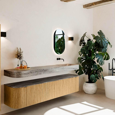 MONDIAZ THOR-DLUX Meuble de salle de bains - 200cm - arrondi gauche + droite - couleur Oak - 2 tiroirs et 2 portes - Vasque suspendue CLOUD Droite sans trou de robinet - couleur Oza