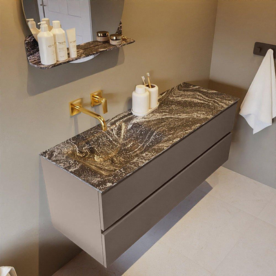 Mondiaz VICA-DLUX ensemble de meuble de salle de bain - 130cm - meuble sous-vasque fumée - 2 tiroirs - lavabo encastré nuage gauche - sans trous de robinet - miroir modèle spot - version XL 60cm haut - lave