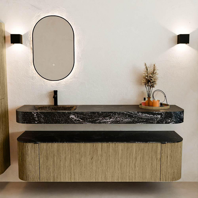 MONDIAZ THOR-DLUX 170cm meuble de salle de bains arrondi gauche + droite couleur Dusk avec 1 tiroir et 2 portes. Vasque suspendue CLOUD Gauche 1 trou de robinet couleur Lava.