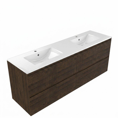 Saniclass Holz Atelier Ensemble de meubles de salle de bains - 160x45x62cm - Vygo lavabo en céramique blanc - 2 vasques - 2 trous de robinet - 4 tiroirs - chêne charcoal mat (bois)