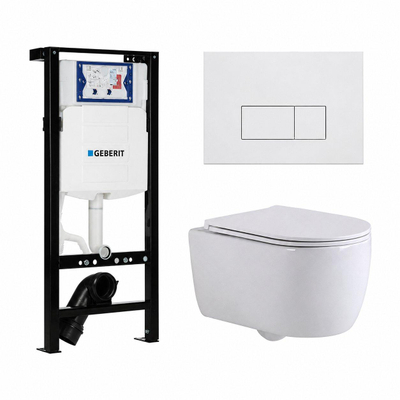 QeramiQ Dely Swirl Toiletset - 36.3x51.7cm - diepspoel - rimless - Geberit UP320 plieger inbouwreservoir - slim zitting - mat witte metalen bedieningsplaat - rechtehoekige knoppen - mat wit